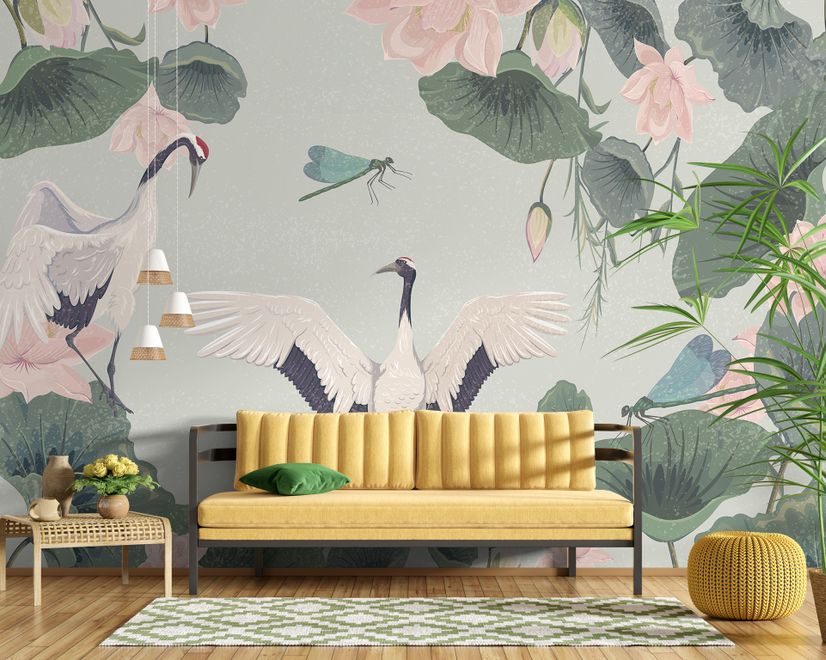 Pink Lotus Flower and White Stork Wallpaper Mural
