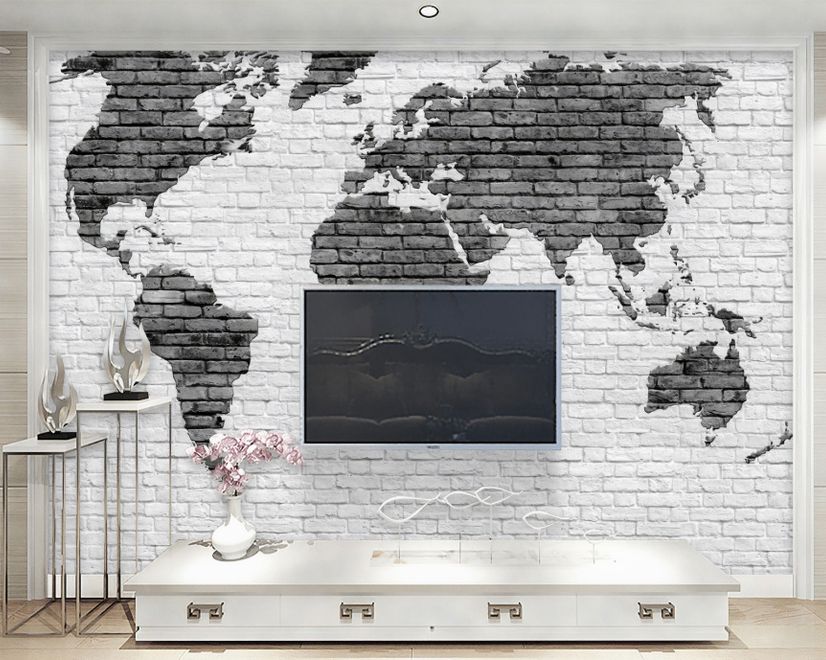 Black White Brick World Maps Wallpaper Mural
