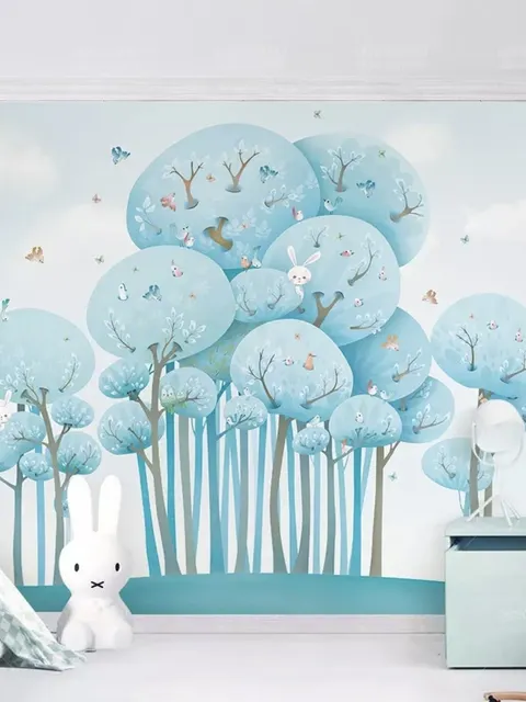 Watercolor Cartoon Blue Forest Landscape Wallpaper Mural