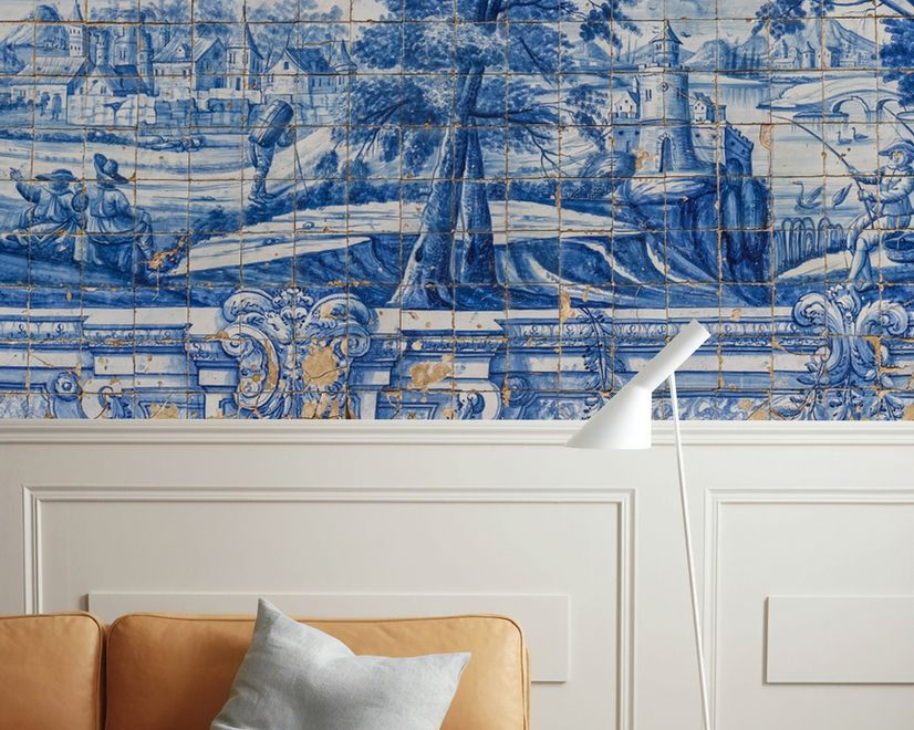 Blue Chinoiserie with Brush Tile Pattern Wallpaper Mural