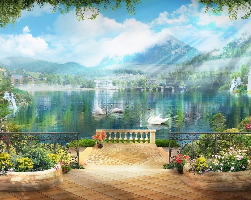 Papier peint panoramique cascade et cygne blanc avec fleurs de jardin