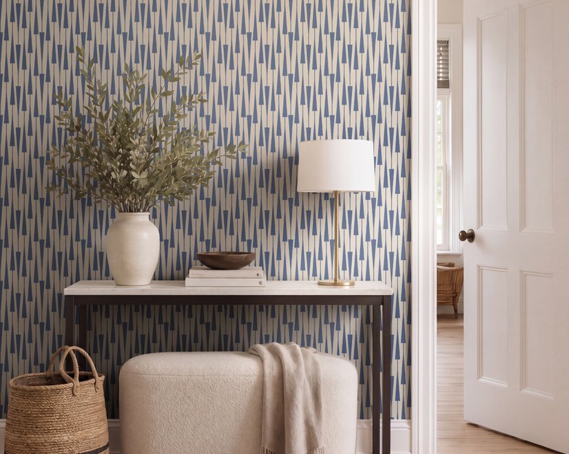 Cream colored wallpaper with denim blue geometric totem stripe repeat on a linen texture ground