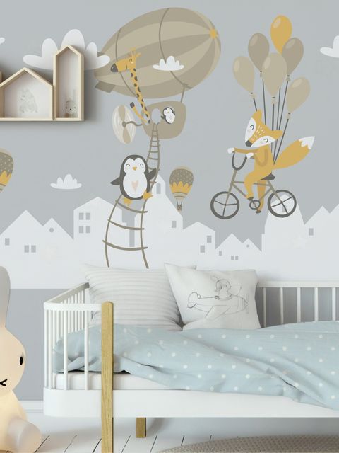Kinderzimmer Heißluftballon und Weiße Haus Silhouette Wandtattoo