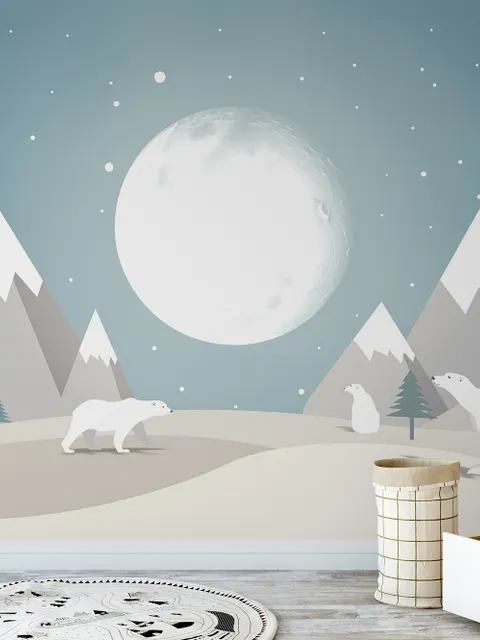 Kids Mountainscape with Fullmoon and White Bears Wallpaper Mural
