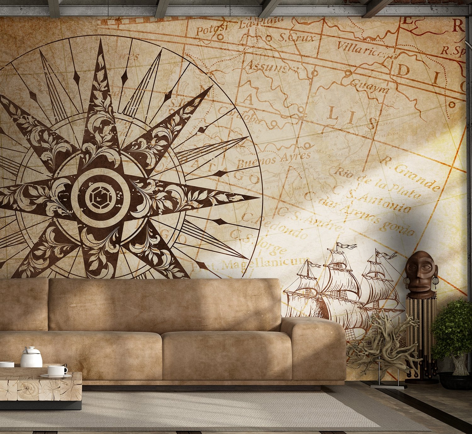 Vintage Map with Compass Wallpaper Mural - Peel and Stick