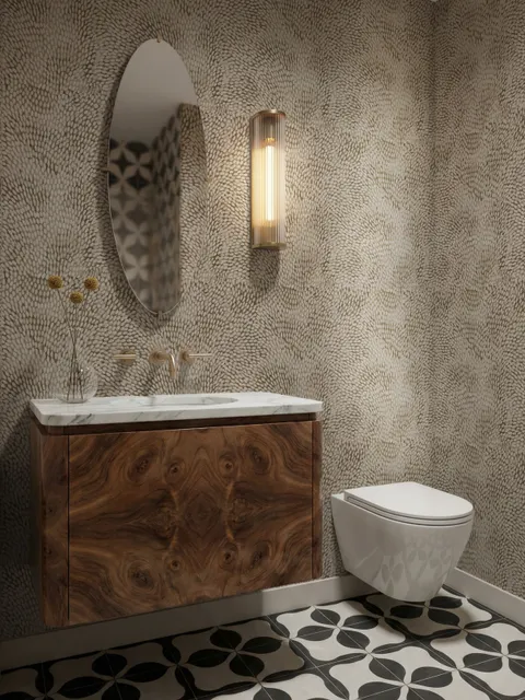 Abstract taupe and greige wallpaper with creamy white oval brush marks in flowing currents