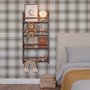 Neutral beige and brown plaid wallpaper with cream squares, taupe woven blocks and fine dark brown lines