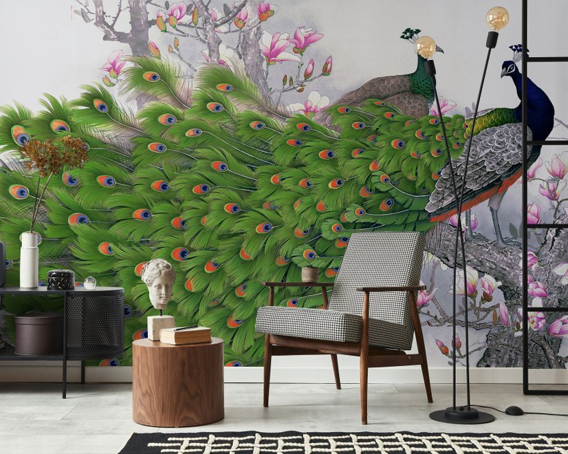 Papier peint panoramique paon élégant avec fleurs de cerisier