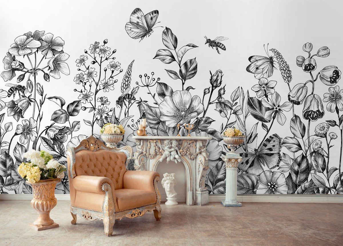 Black and White Floral Wallpaper Mural - Peel and Stick
