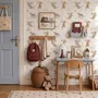 Kids wallpaper with sage, caramel and blue-gray watercolor dragons, clouds, sun and stars on white
