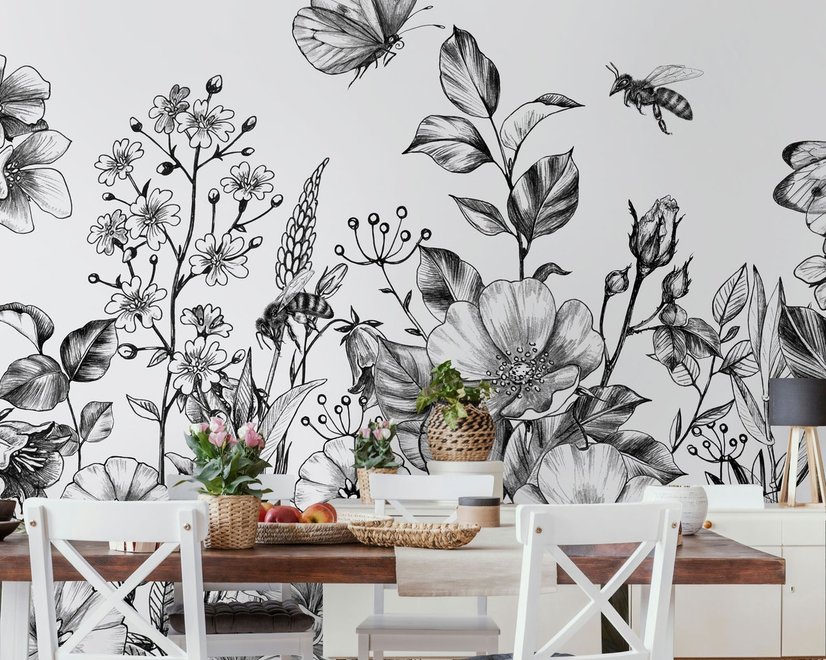 Schwarz-Weiß Blumen Fototapete