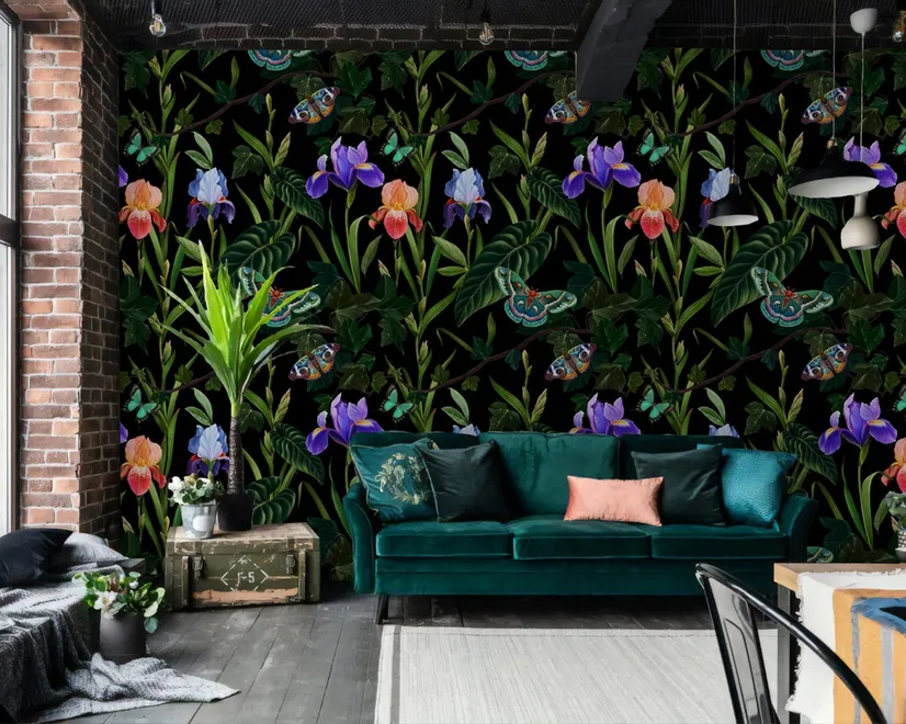 Dark Purple Flowers with Butterflies Wallpaper Mural