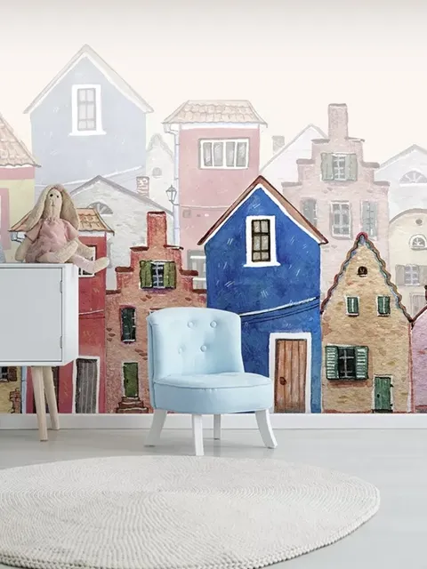 Watercolor Cartoon Town Street Wallpaper Mural