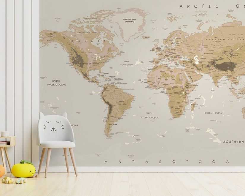 Soft Brown Political World Map Wallpaper Mural