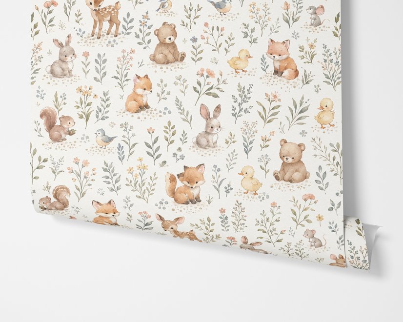 Woodland nursery wallpaper pattern with watercolour fawns, fox cubs, rabbits, teddy bears, birds and ducklings on cream