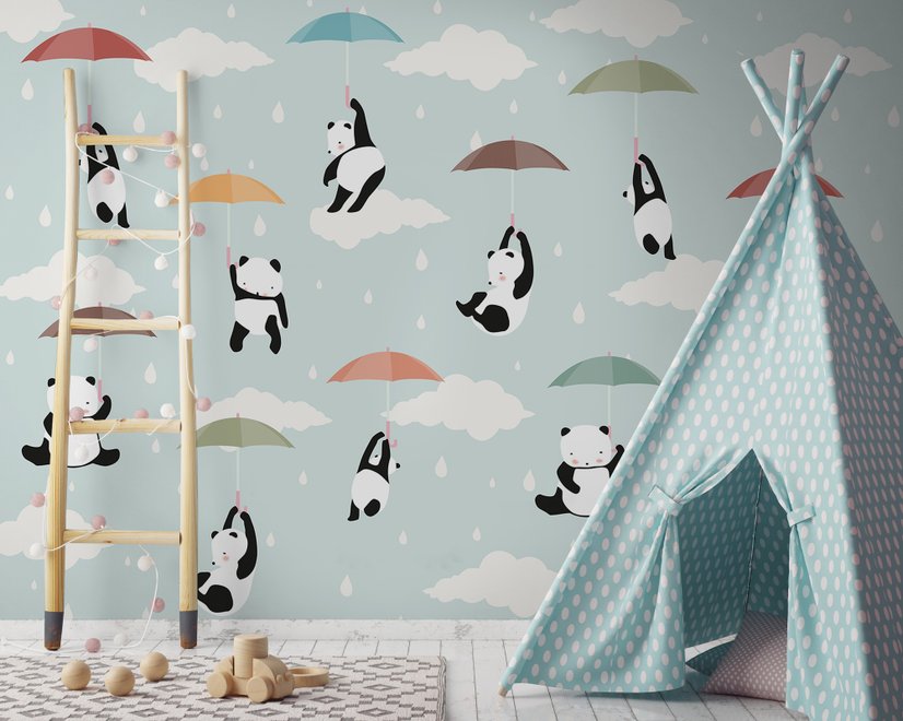 Kids Pandas With Colorful Umbrella Wallpaper Mural