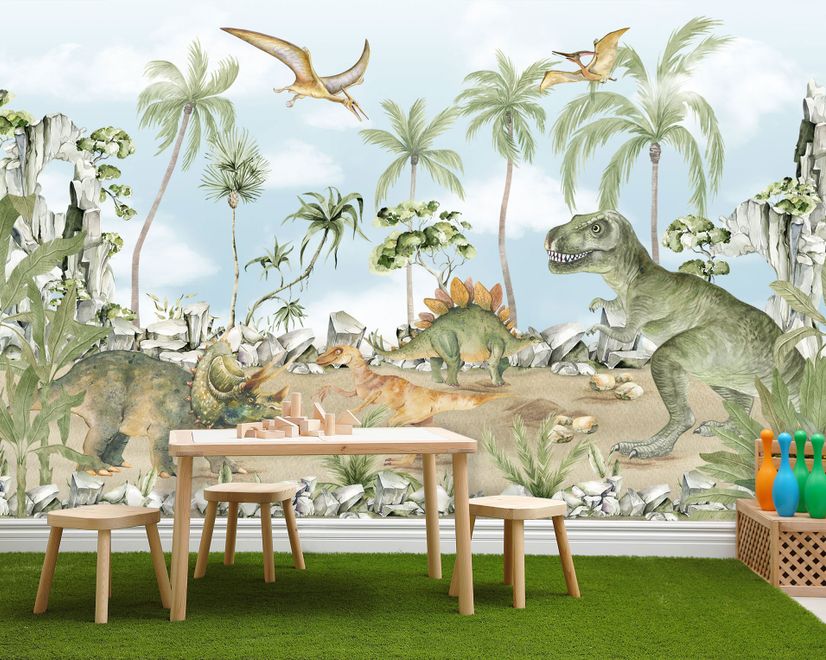 Jurassic World Watercolor Dinosaur for Kids Prehistoric Animals Wallpaper Mural