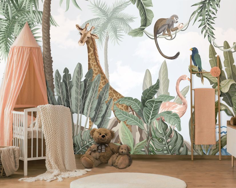 Kids Nursery Pink Flamingo and Cute Giraffe Safari Animals Wallpaper Mural
