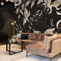 Dark Crane Birds and Brown Retro Florals Wallpaper Mural