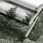 Misty mountain wallpaper mural with tall pine trees, layered green forest and pale foggy ridges
