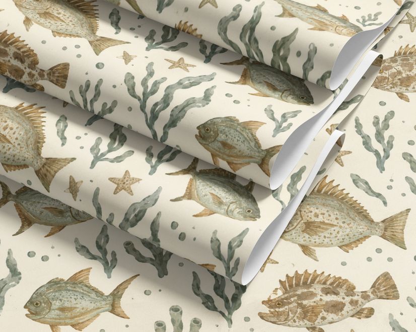 Watercolour fish wallpaper with sage seaweed, coral and starfish on a warm cream background