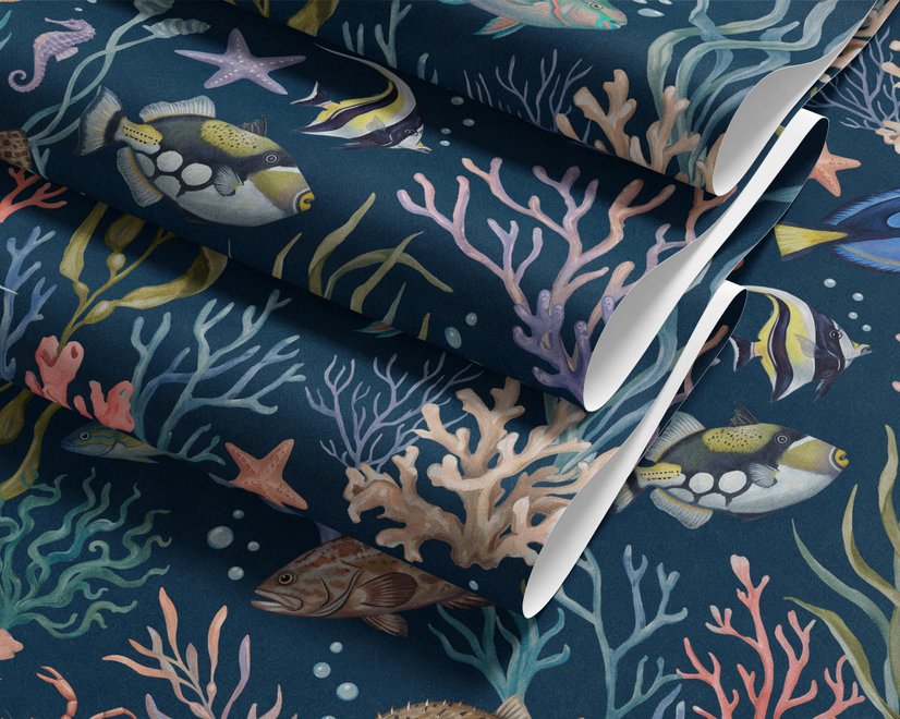 Aquarium fish tank wallpaper repeat with tropical fish, coral, seaweed, shells and bubbles on deep navy blue