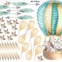 Kinder-Wandtattoo Aquarell Heißluftballon mit Tieren und bunten Federn