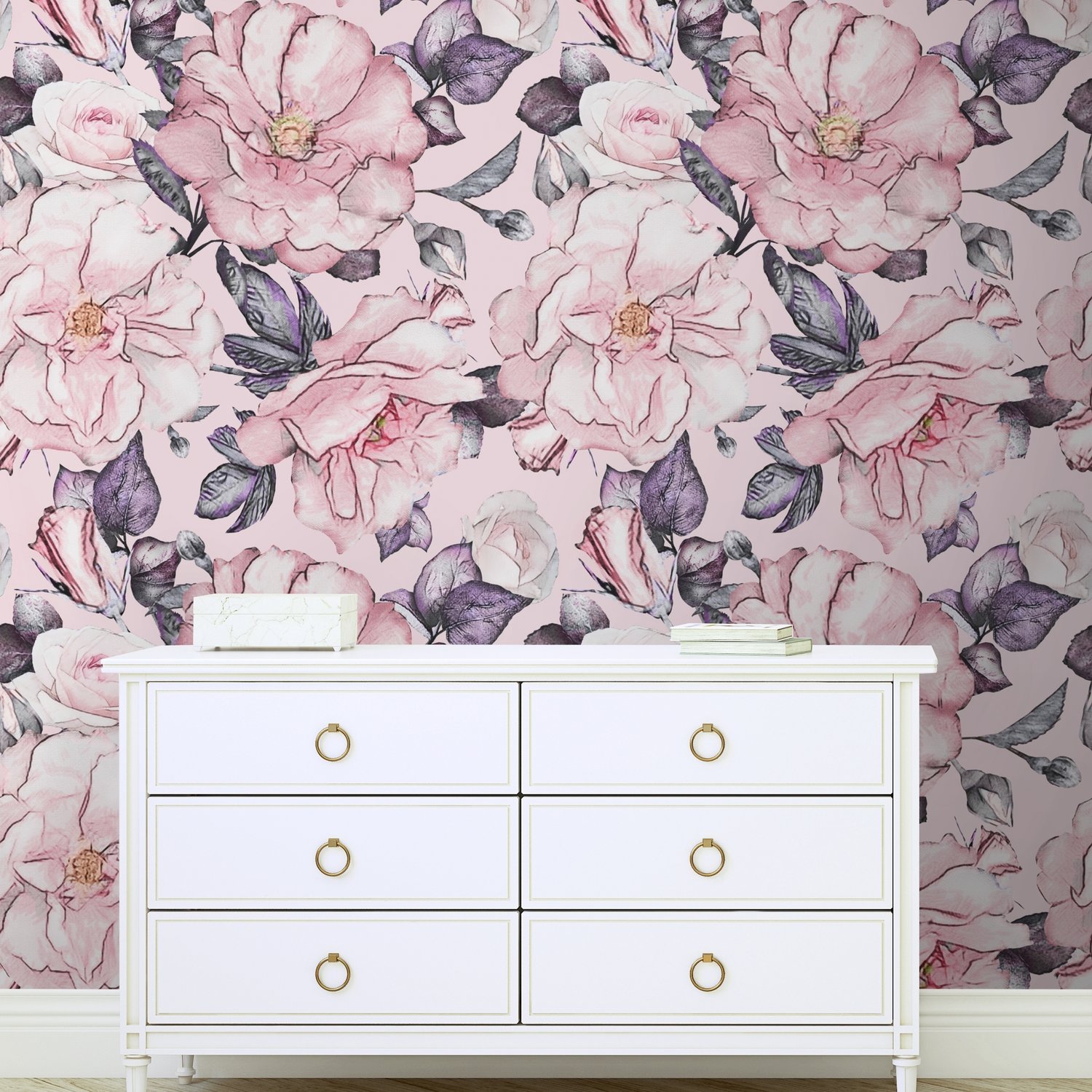 Watercolor Pink Floral Pattern Wallpaper Mural - Peel and Stick