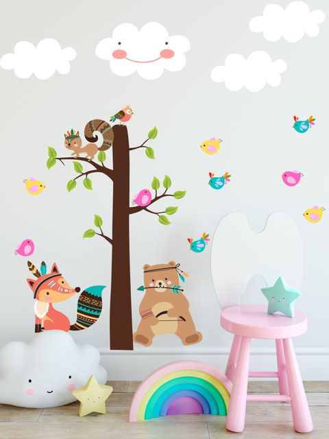 Kinder Niedlicher Fuchs und Bär und Cartoon-Baum mit kleinen Vögeln Wandtattoo