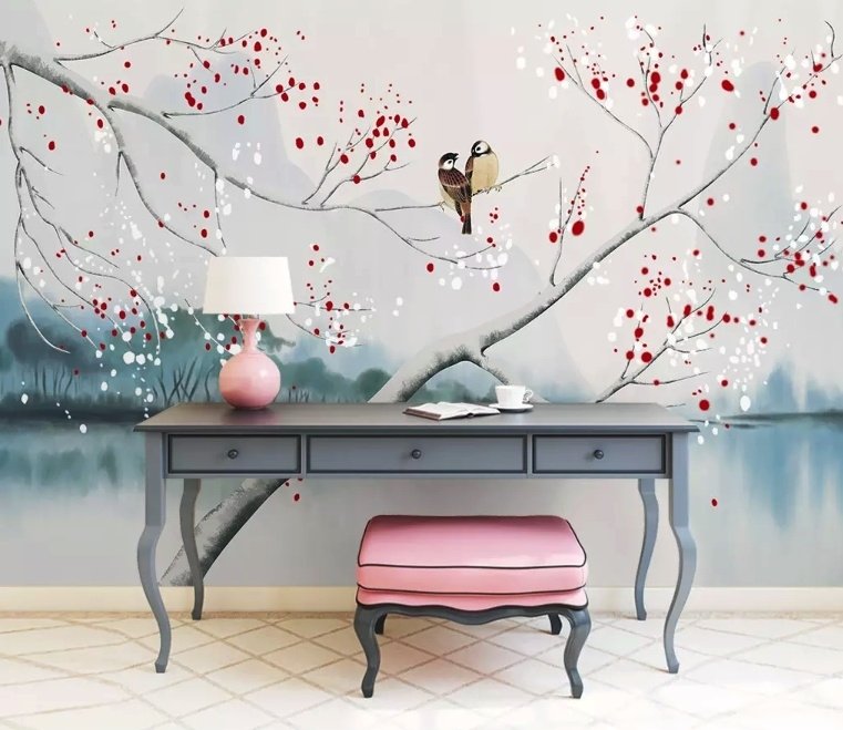 Watercolor Lake Landscape with Birds Wallpaper Mural - Peel and Stick
