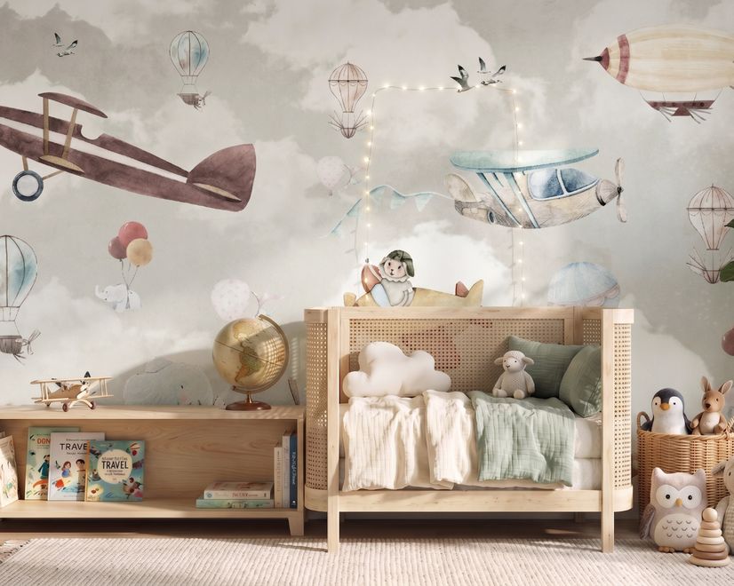 Papier peint panoramique de la chambre d'enfant Animaux de dessins animés volant avec un avion