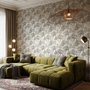 Monochrome wallpaper with grey tree toile on a clean white ground