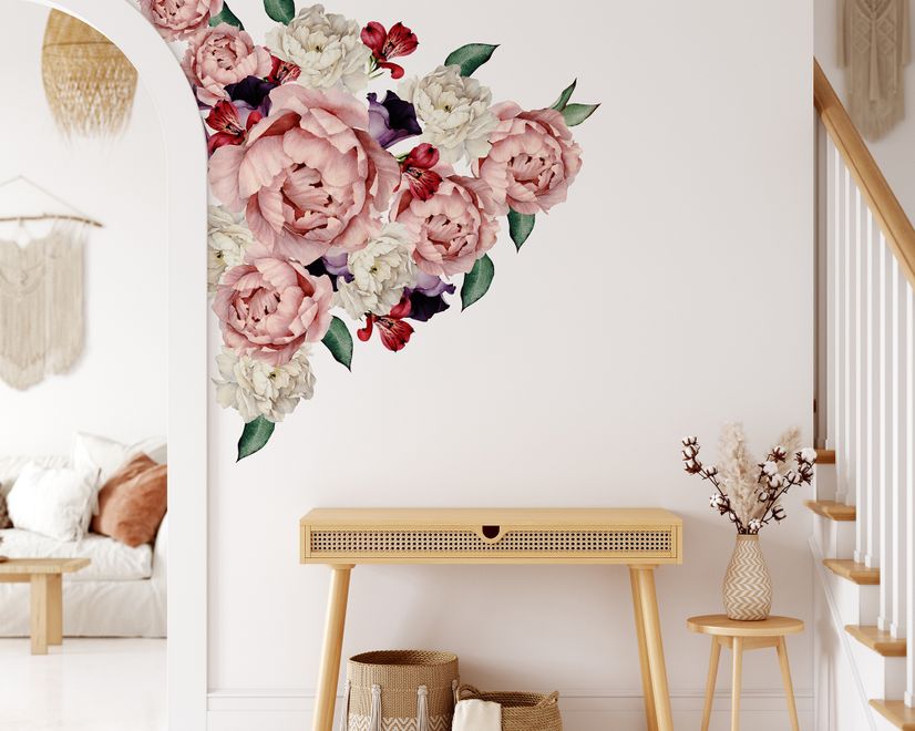 White Pink Peony Florals with Red Purple Tulips Wall Decal Sticker