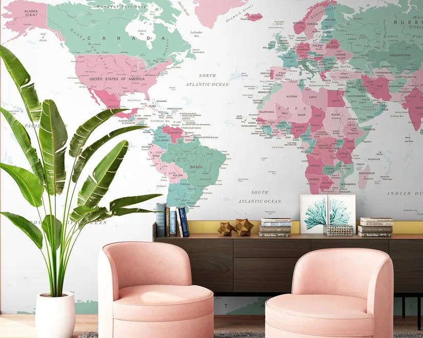 Pink and Green Political World Map Wallpaper Mural