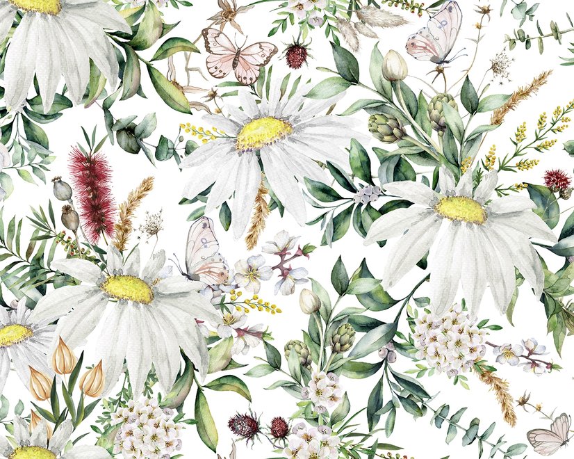 Leuchtendes Gänseblümchen-Blumenstrauß mit grünen Blättern Fototapete