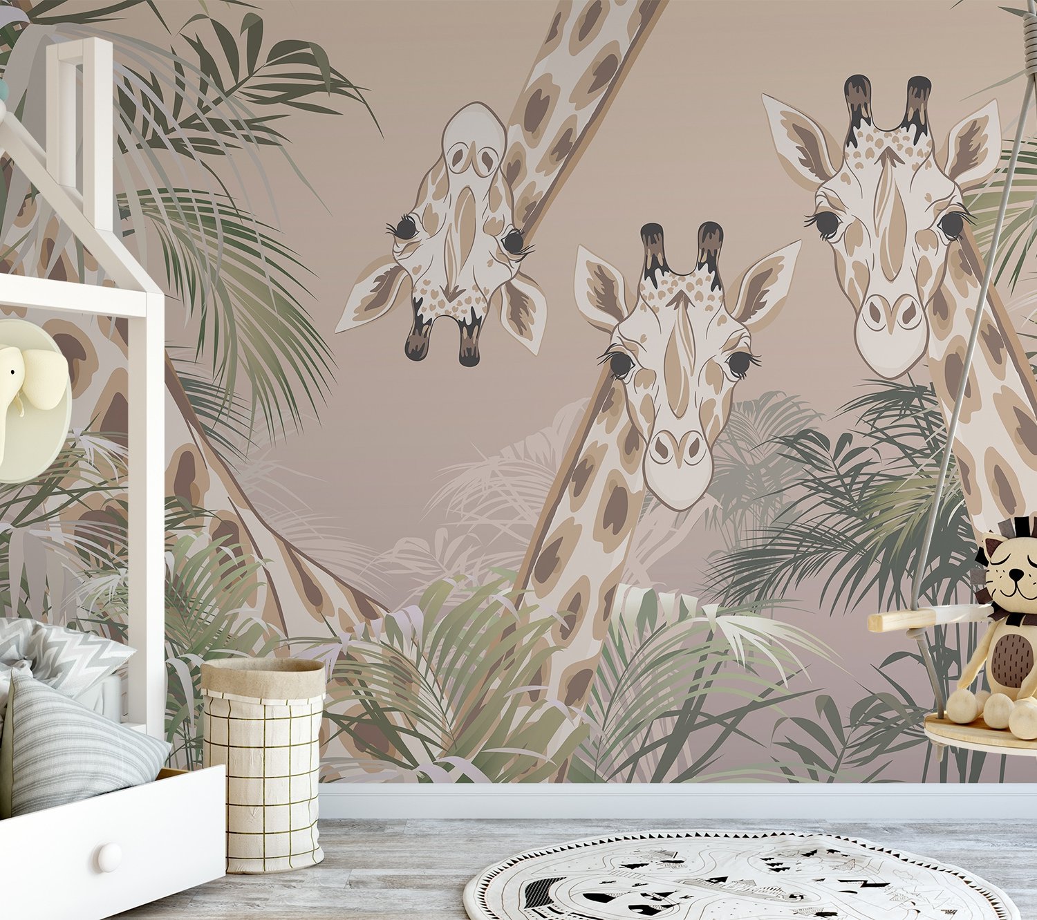 Cute Giraffes Between Tropical Leaves Wallpaper Mural - Peel and Stick