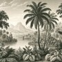 Sepia tropical landscape wallpaper with palms, banana plants, lagoon, bridge and mountains