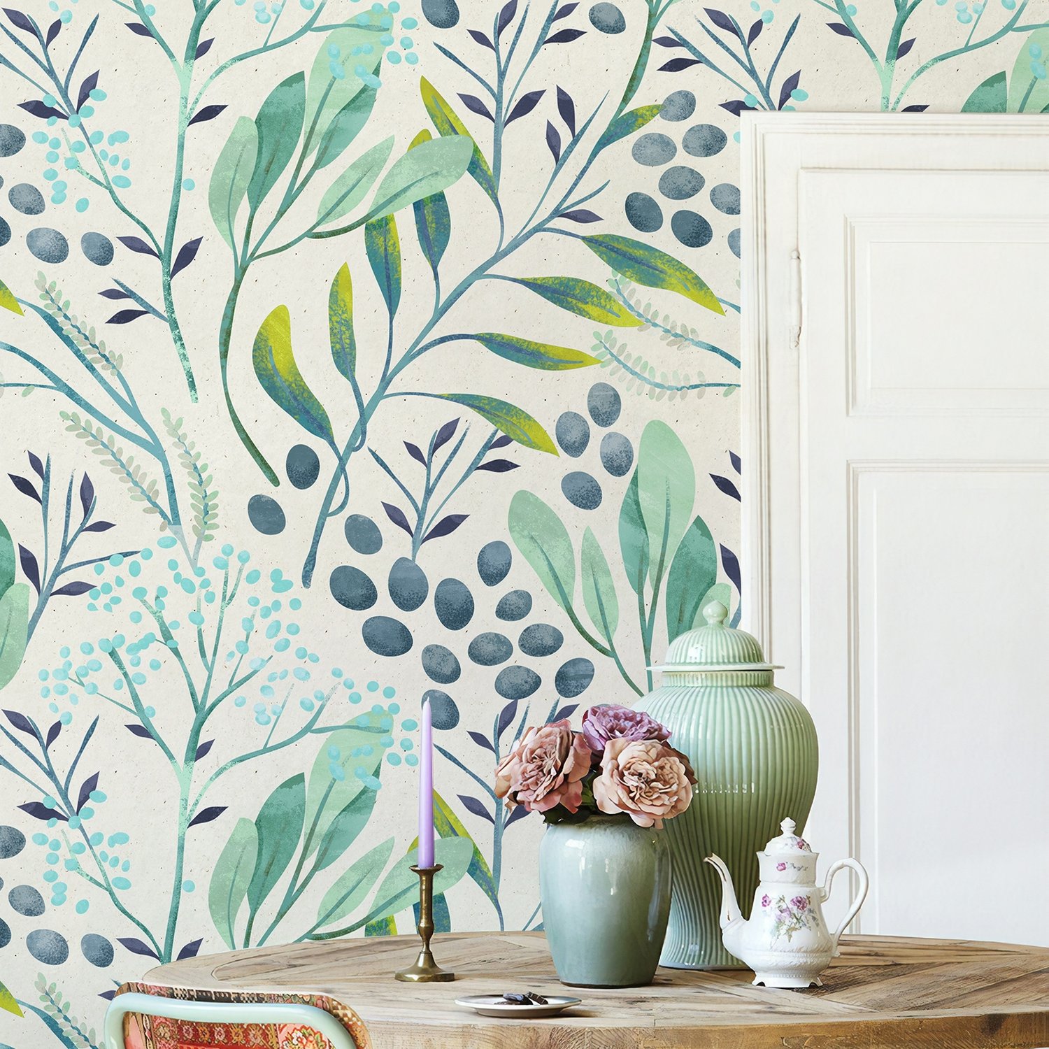 Green Leaf Branches with Berries Wallpaper Mural - Peel and Stick