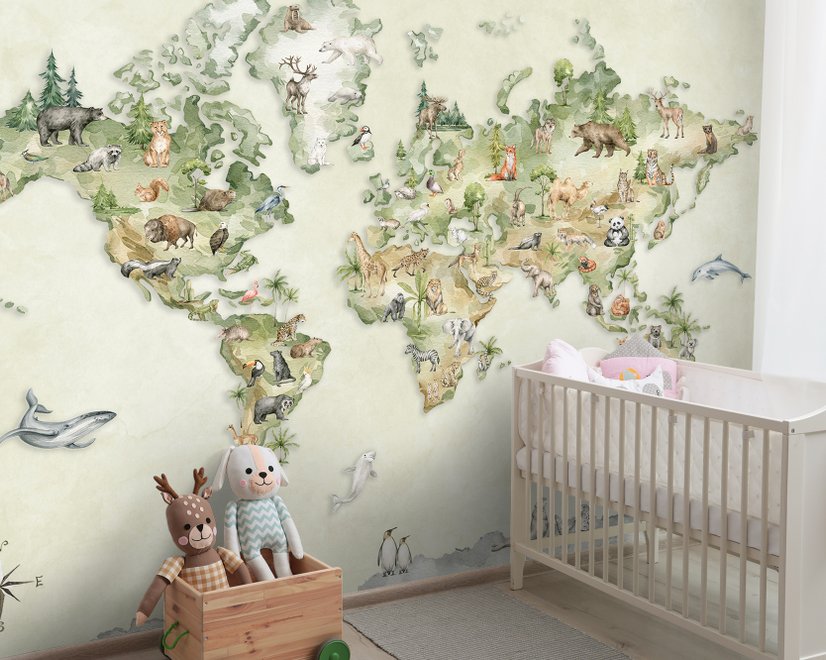 Watercolor Kids World Map with Soft Animals Wallpaper Mural