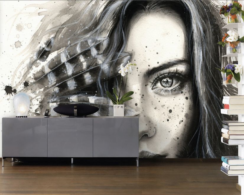 Monochrome Portrait Girl with Black Feathers Wallpaper Mural