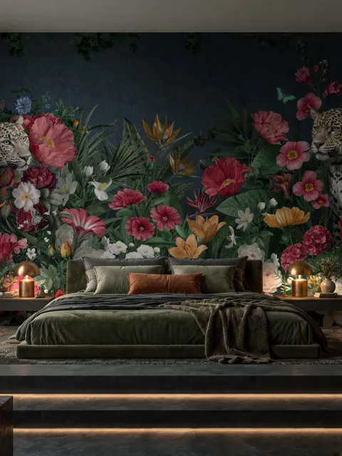 Elegant Tropical Botanical Floral and Leopard Wallpaper 