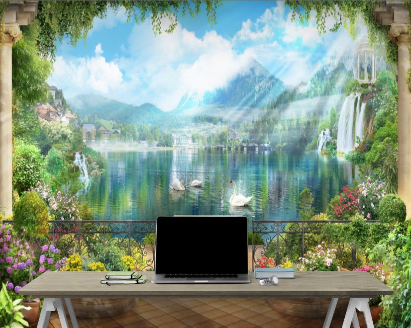 Papier peint panoramique cascade et cygne blanc avec fleurs de jardin