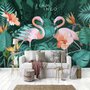 Papier peint panoramique corail et rose avec feuilles tropicales