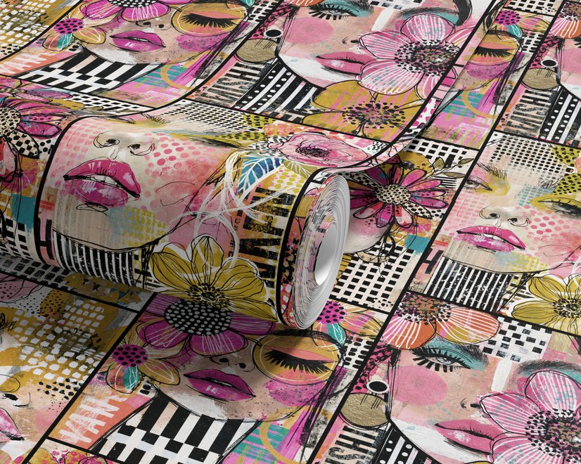 Bold wallpaper for powder room with pop art female faces, pink flowers, black comic panels, mustard, teal and fuchsia details