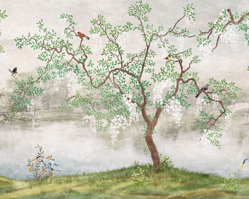 Misty Lake Landscape and Japanese Garden Wallpaper Mural