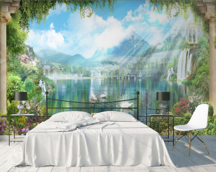 Papier peint panoramique cascade et cygne blanc avec fleurs de jardin