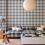 Beige, oat and cream-white plaid wallpaper with fine navy-blue stripes and printed linen texture