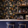 Japanese art wallpaper pattern with koi fish, gold peonies, mauve flowers and grey clouds on black