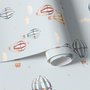 Hot air balloon wallpaper with watercolor balloons, ivory clouds and peach gold stars on pale powder blue