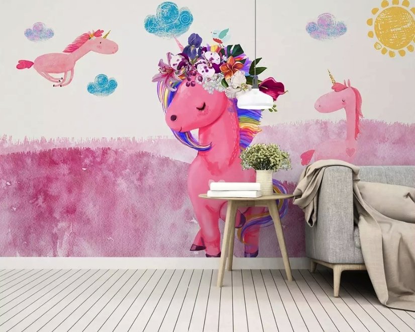 Cartoon Pink Unicorn Drawing Art Wallpaper Mural